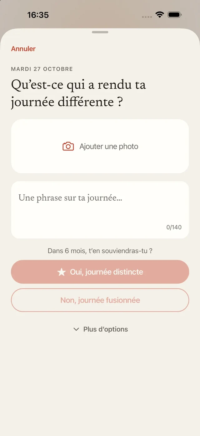 Capture d’une journée dans Vécu : une photo ou une phrase et le choix distincte ou fusionnée